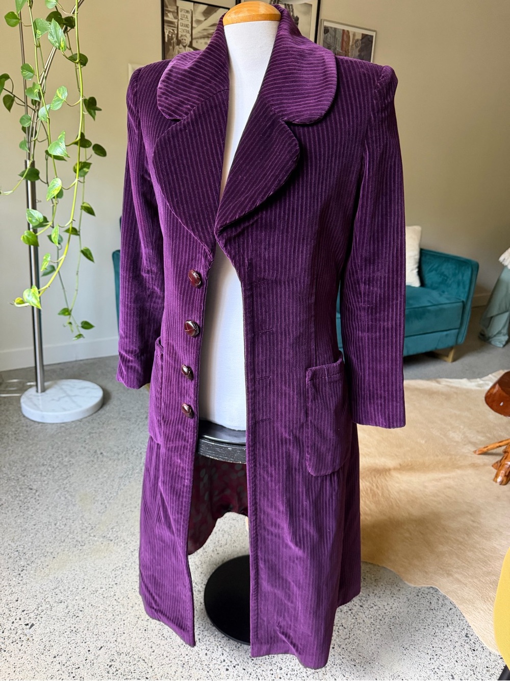 Vintage-Inspired Purple Corduroy Long Coat